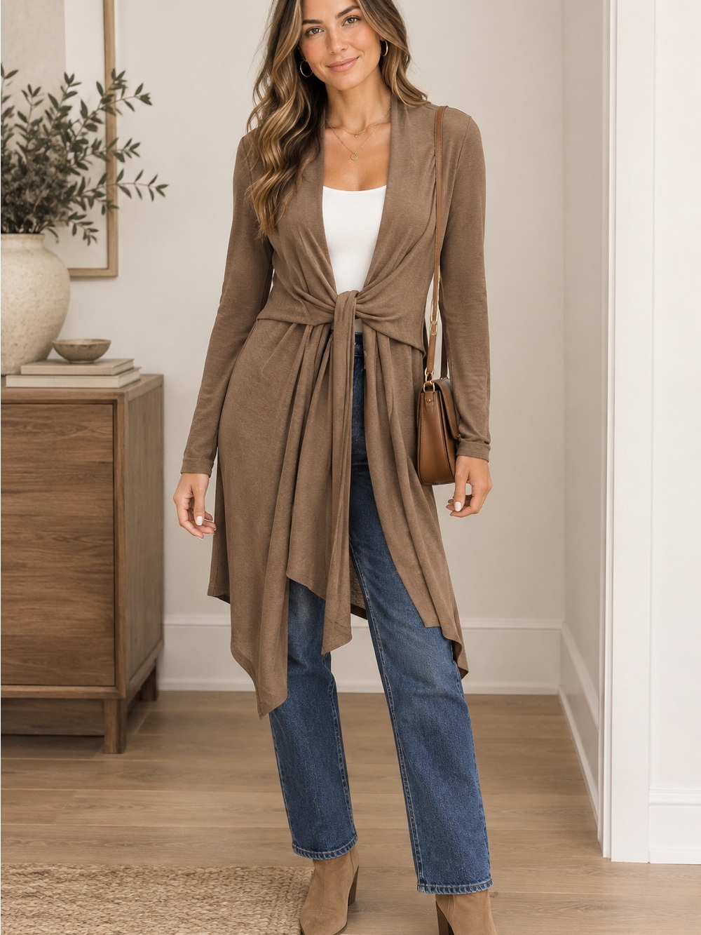 Chico's  Travelers Knot-Front Taupe Draped Cardigan